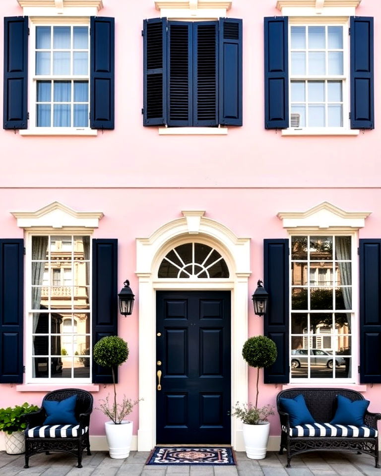 blush pink home with navy blue and ivory accents - 25 Pink Victorian House Ideas