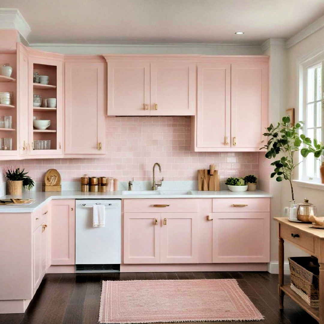 blush pink painted cabinets idea - 40 Painted Kitchen Cabinet Ideas