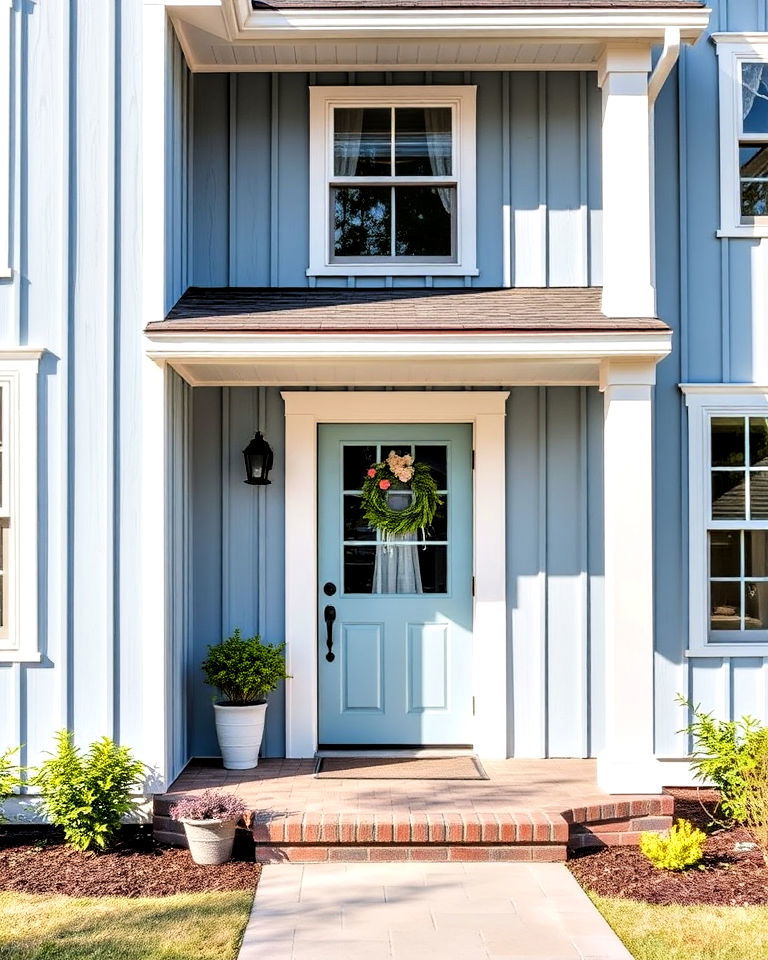 board and batten siding with light blue exterior - 25 Light Blue House Exterior Ideas