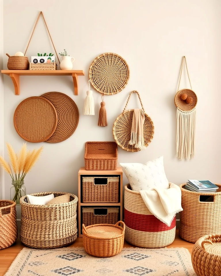 bohemian aesthetic woven storage solutions - 20 Boho Toddler Room Ideas