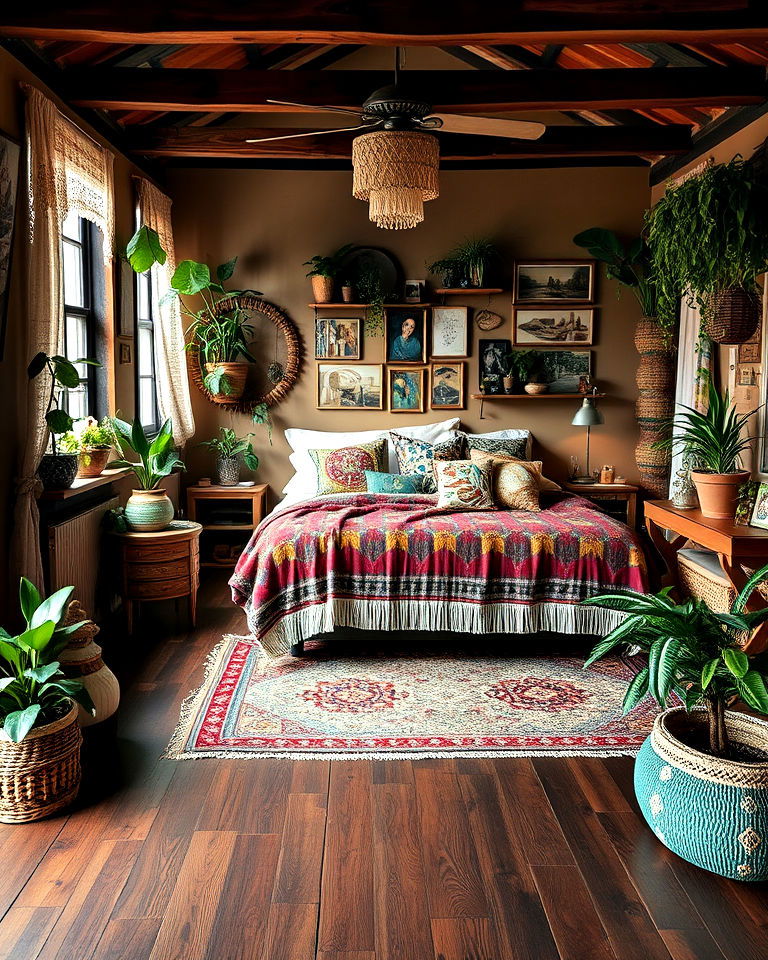 bohemian bedroom with dark walnut flooring - 20 Dark Walnut Floors for Rooms