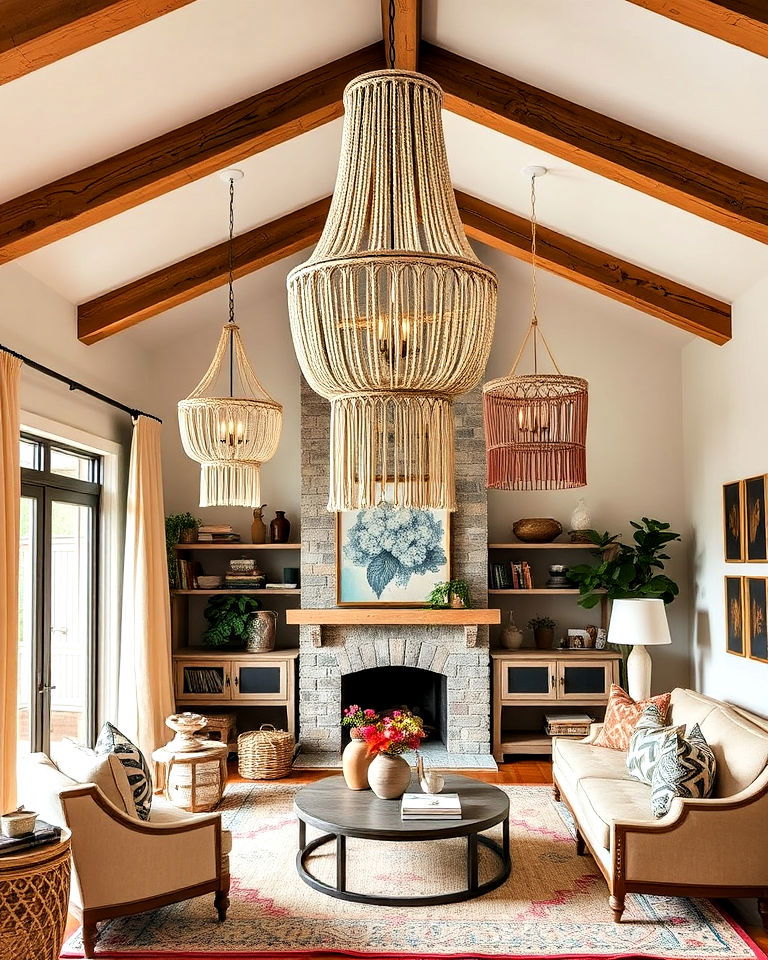 bohemian charm with macrame chandelier - 30 Bohemian Maximalist Decor Ideas