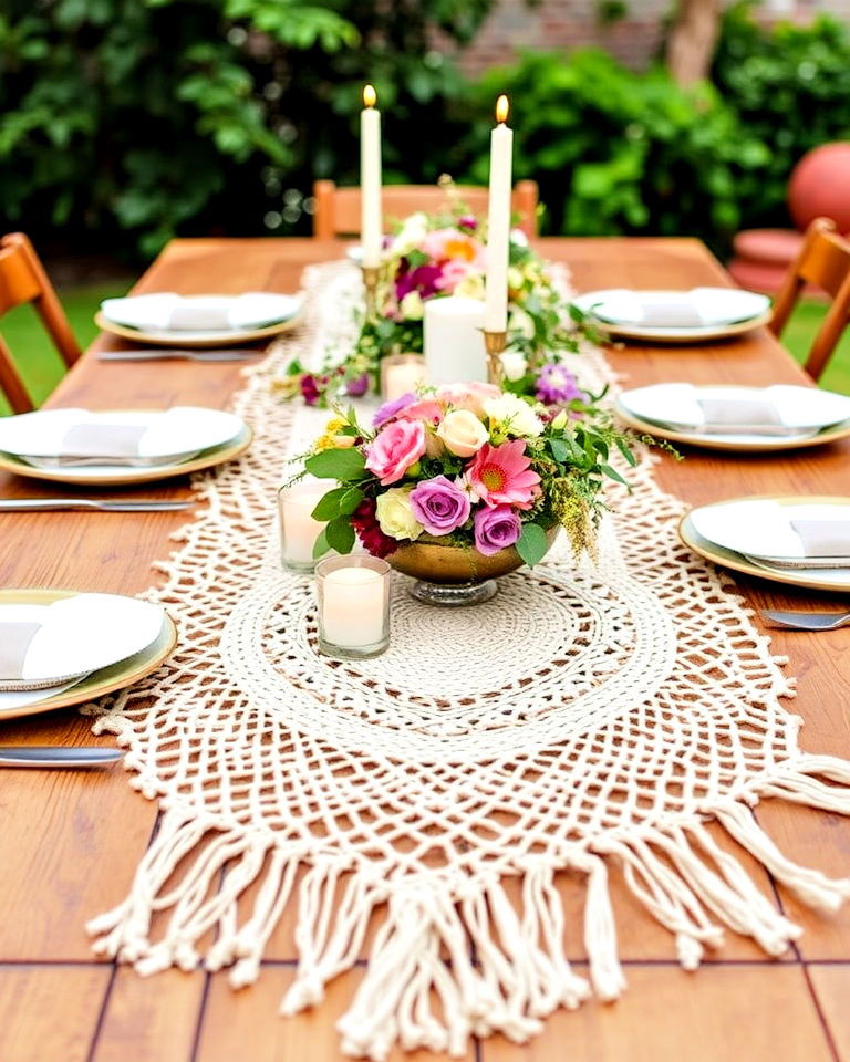 bohemian inspired macrame and floral centerpiece - 30 Rehearsal Dinner Centerpiece Ideas