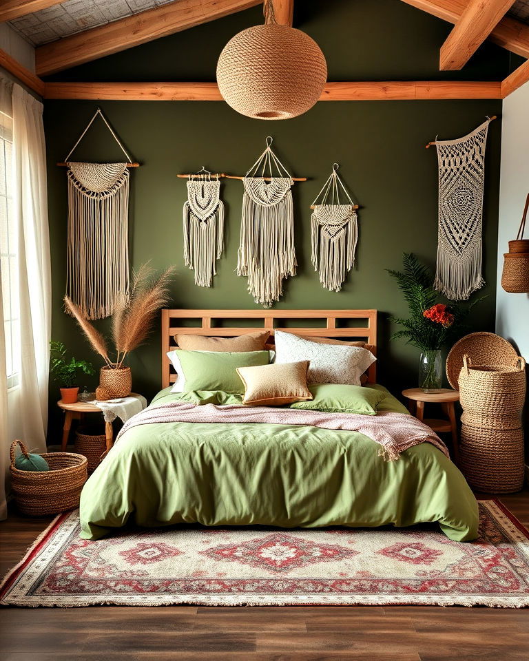 bohemian inspired olive green bedroom - 25 Olive Green Bedroom Ideas