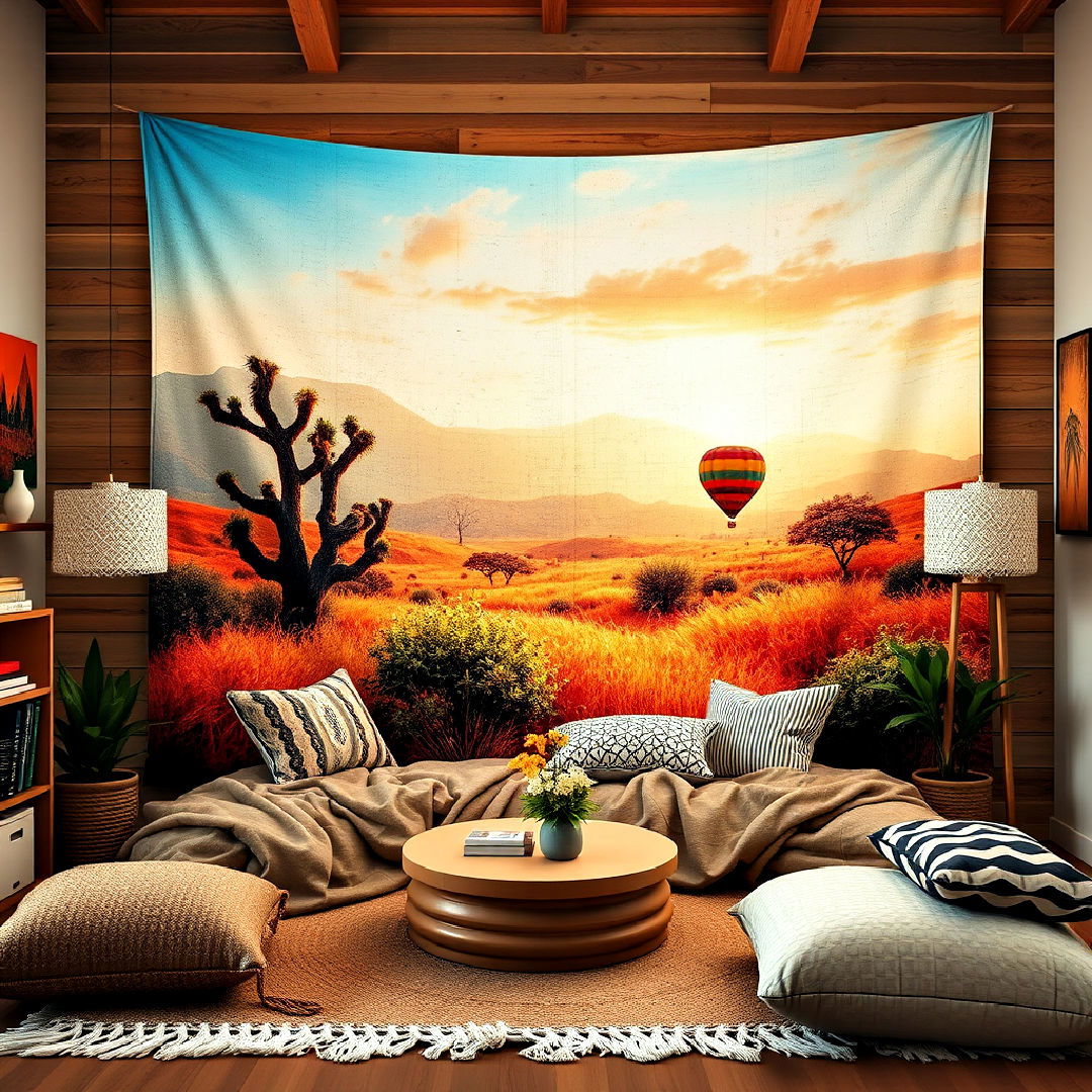 bohemian inspired tapestry accent wall - 40 Teen Hangout Room Ideas