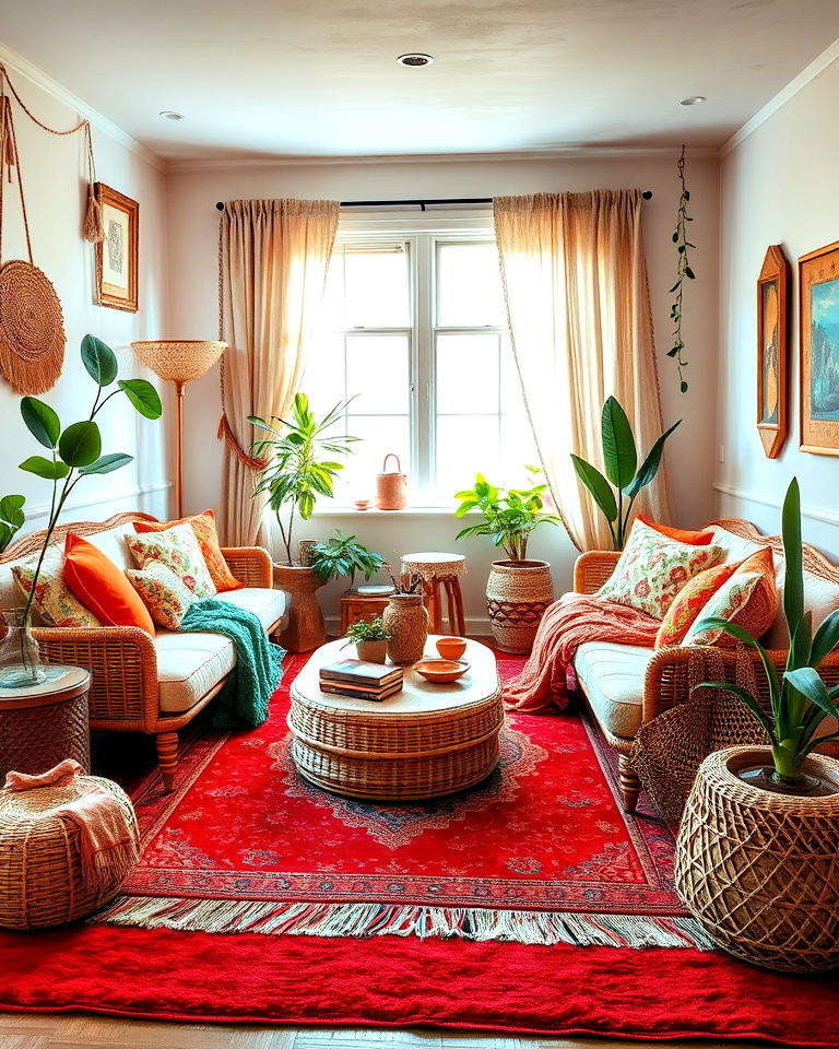 bohemian living room with red carpet - 20 Red Carpet Living Room Ideas