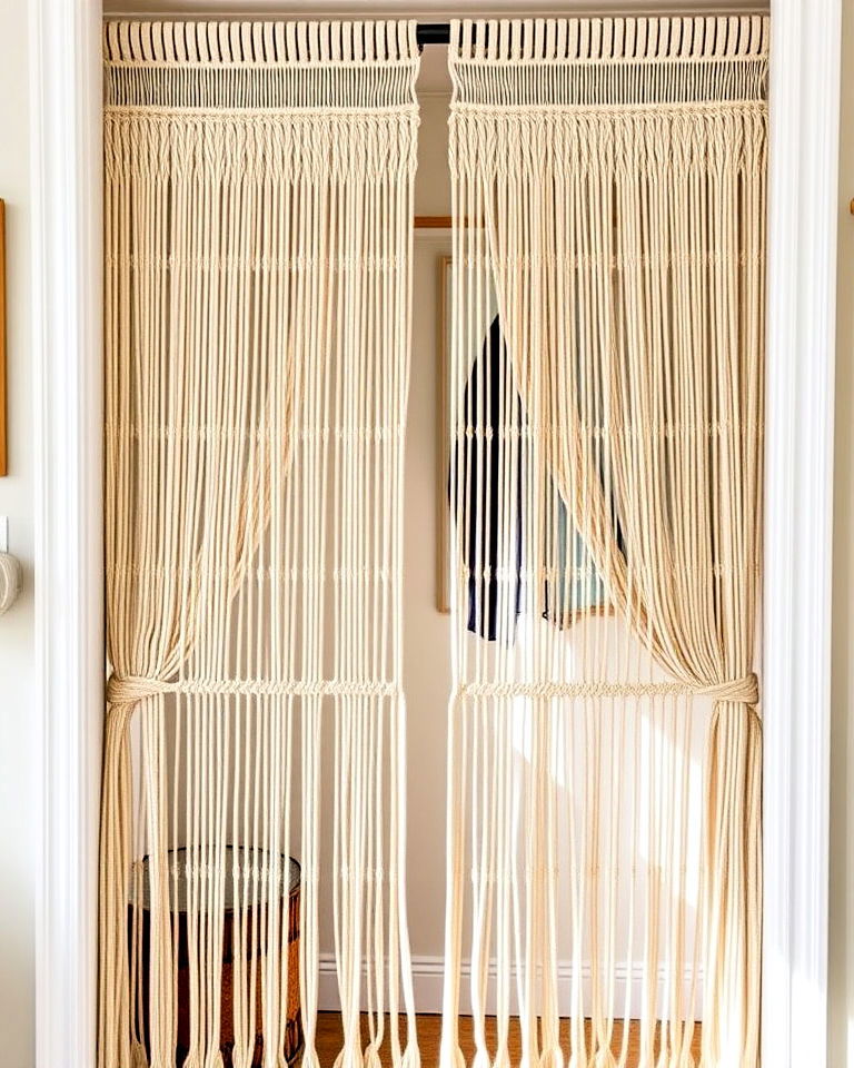 bohemian look macrame curtains for closet - 30 Closet Curtain Ideas