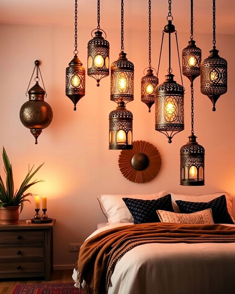 bohemian moroccan bedroom with ornate metal lanterns - 20 Bohemian Moroccan Bedroom Ideas