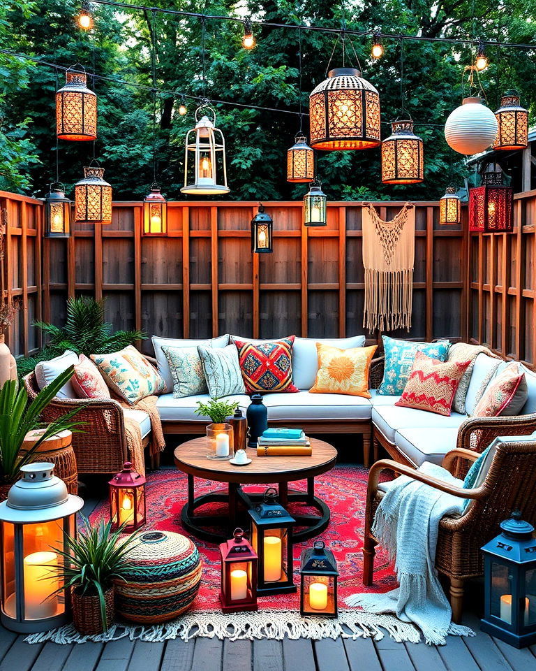 bohemian outdoor lounge with lanterns - 30 Lantern Decor Ideas