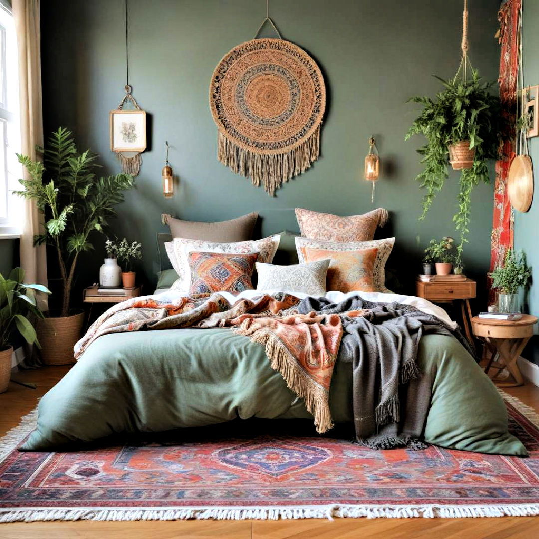 bohemian style bedroom - 25 Sage Green and Grey Bedroom Ideas