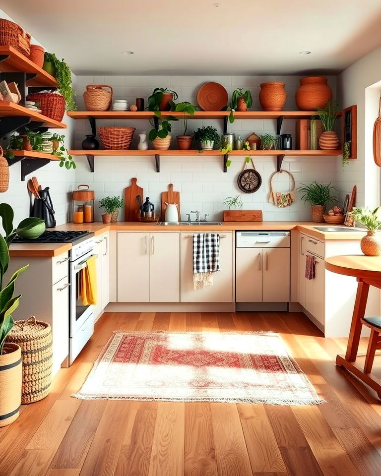 bohemian style kitchen with light teak floors - 20 Light Wood Floor Kitchen Ideas