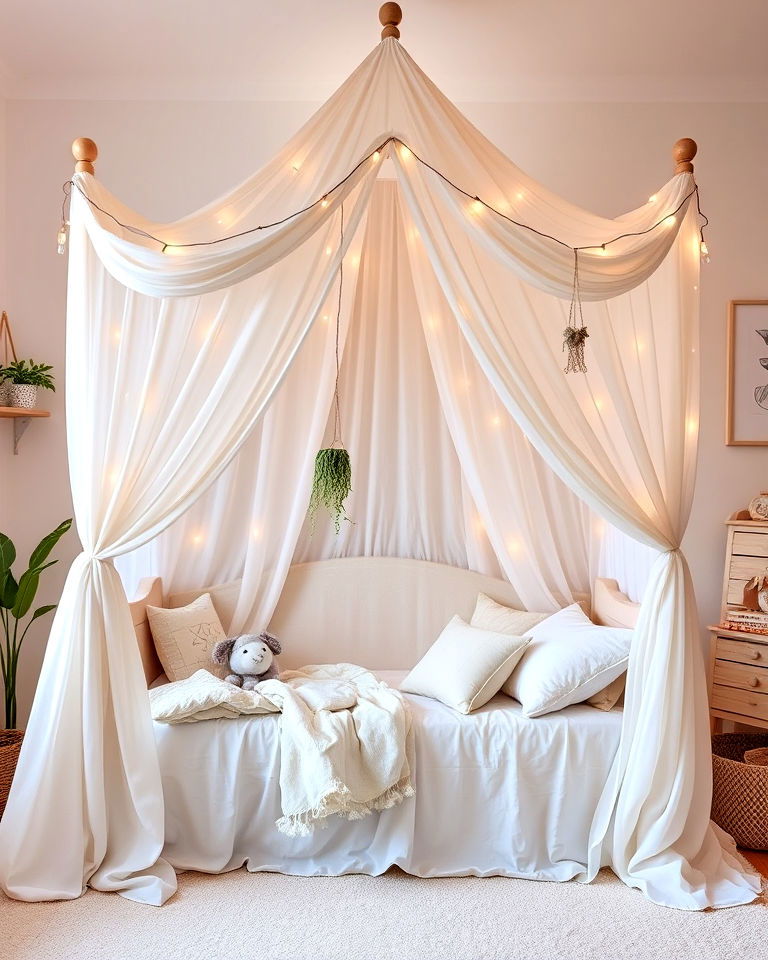 bohemian vibe canopy bed with soft drapes - 20 Boho Toddler Room Ideas