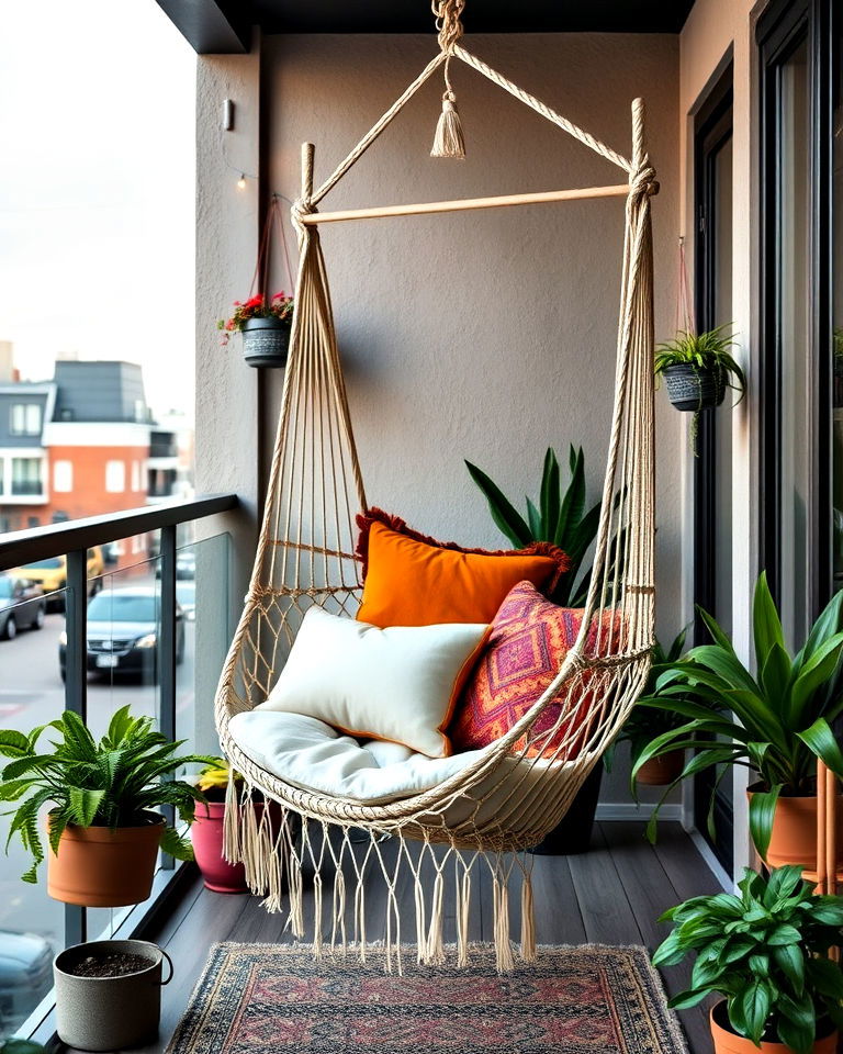 bohemian vibe hammock chair - 25 Balcony Seating Ideas