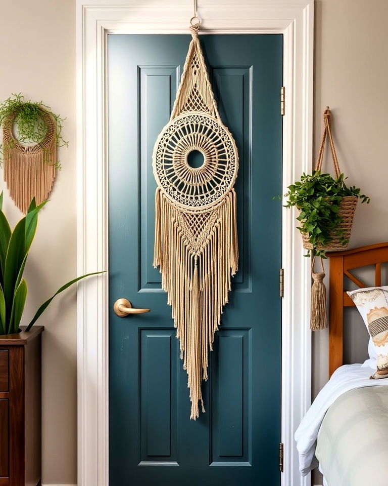 bohemian vibe macrame door hanging - 25 Bedroom Door Decorating Ideas