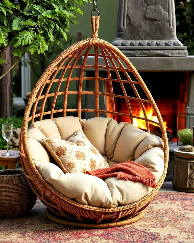 bohemian vibe papasan chair with plush cushion - 20 Chairs in Front of Fireplace Ideas