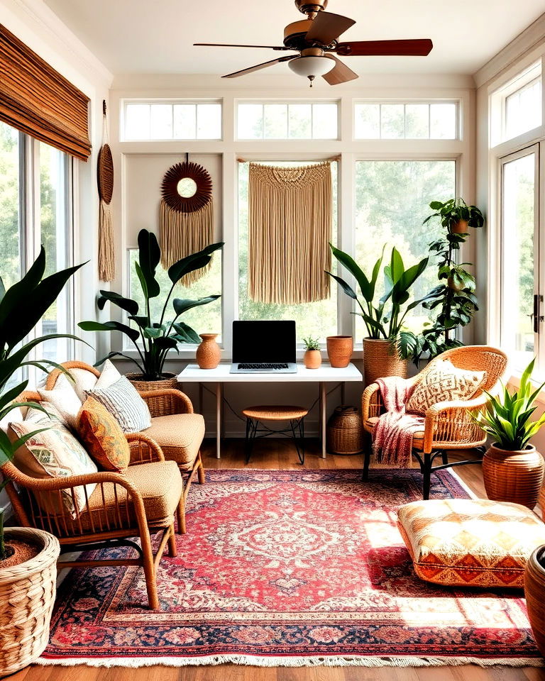 bohemian vibe sunroom office - 20 Sunroom Office Ideas