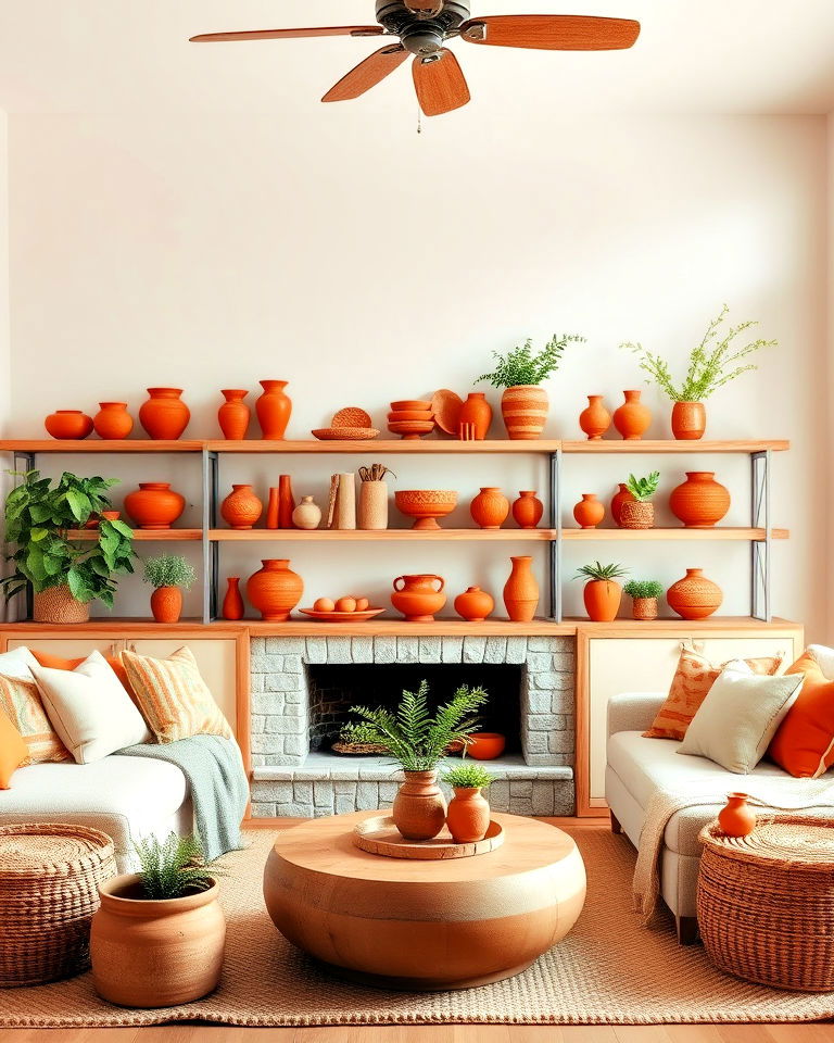 bohemian vibe terracotta pottery accents - 30 Orange Room Ideas
