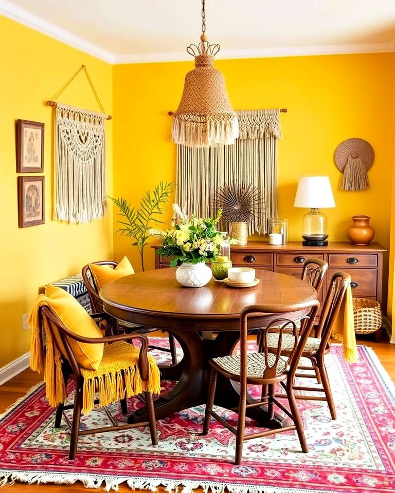 bohemian vibe yellow dining room - 20 Yellow Dining Room Ideas