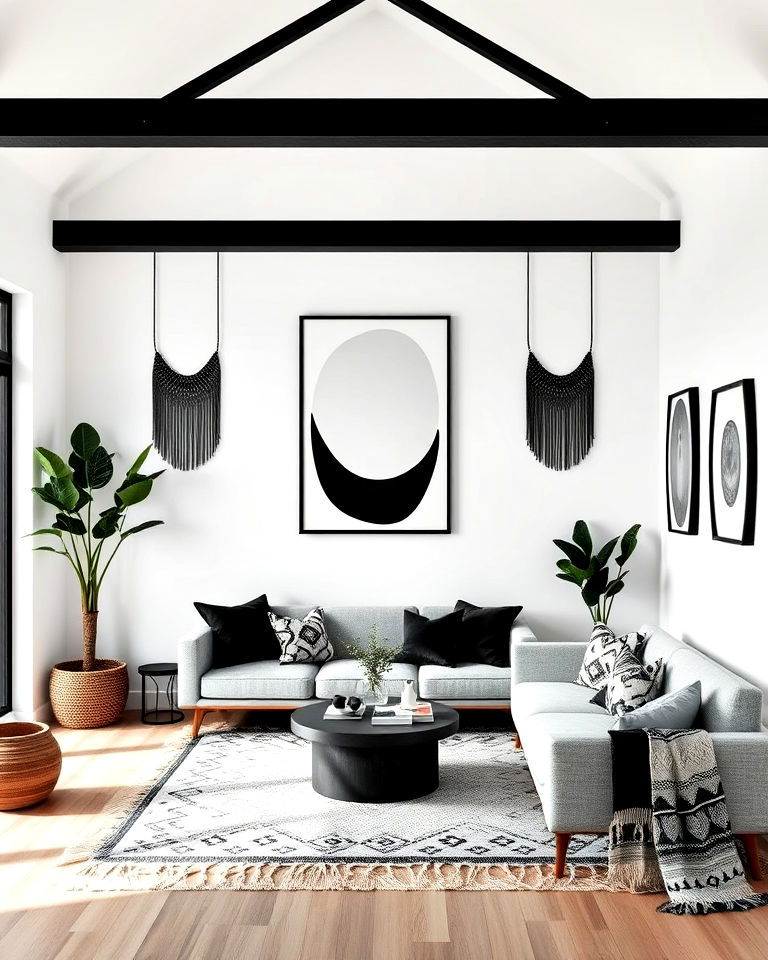 boho aesthetic with minimalist monochrome palette - 20 Black and White Boho Living Room Ideas