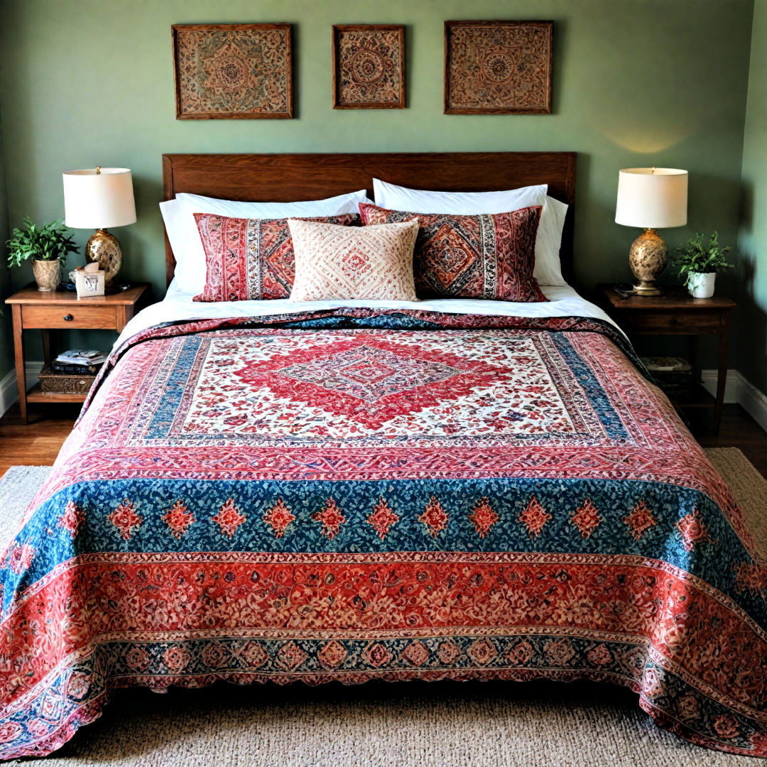 boho bedroom with patterned bedspread - 40 Boho Bedroom Ideas