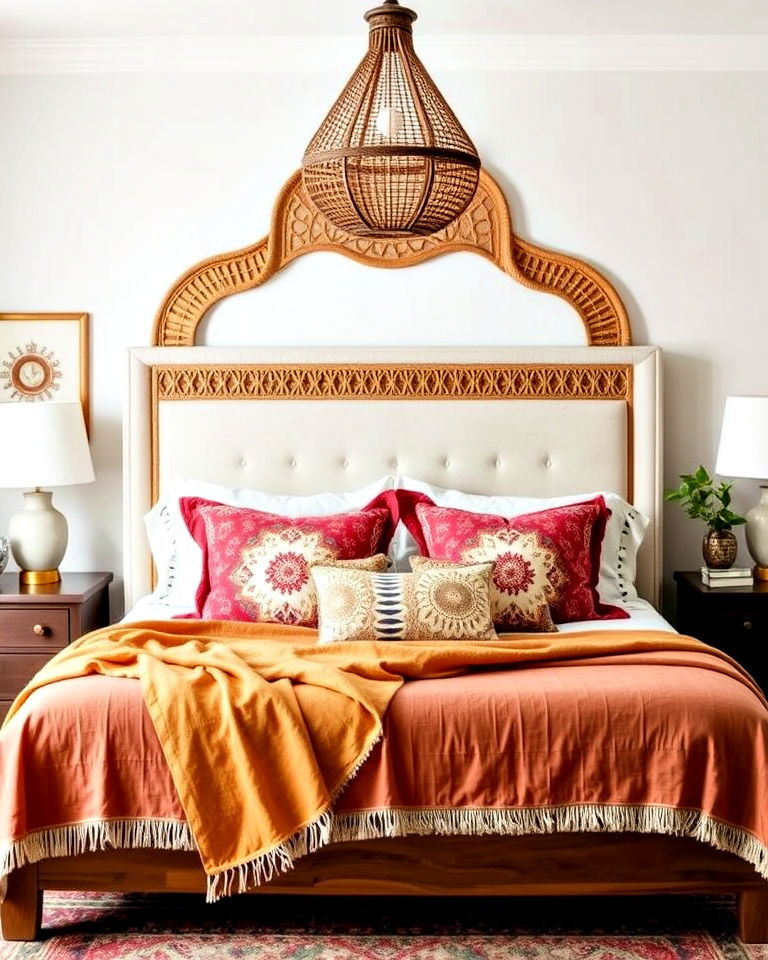 boho bedroom with statement headboard - 30 Boho Decor Ideas