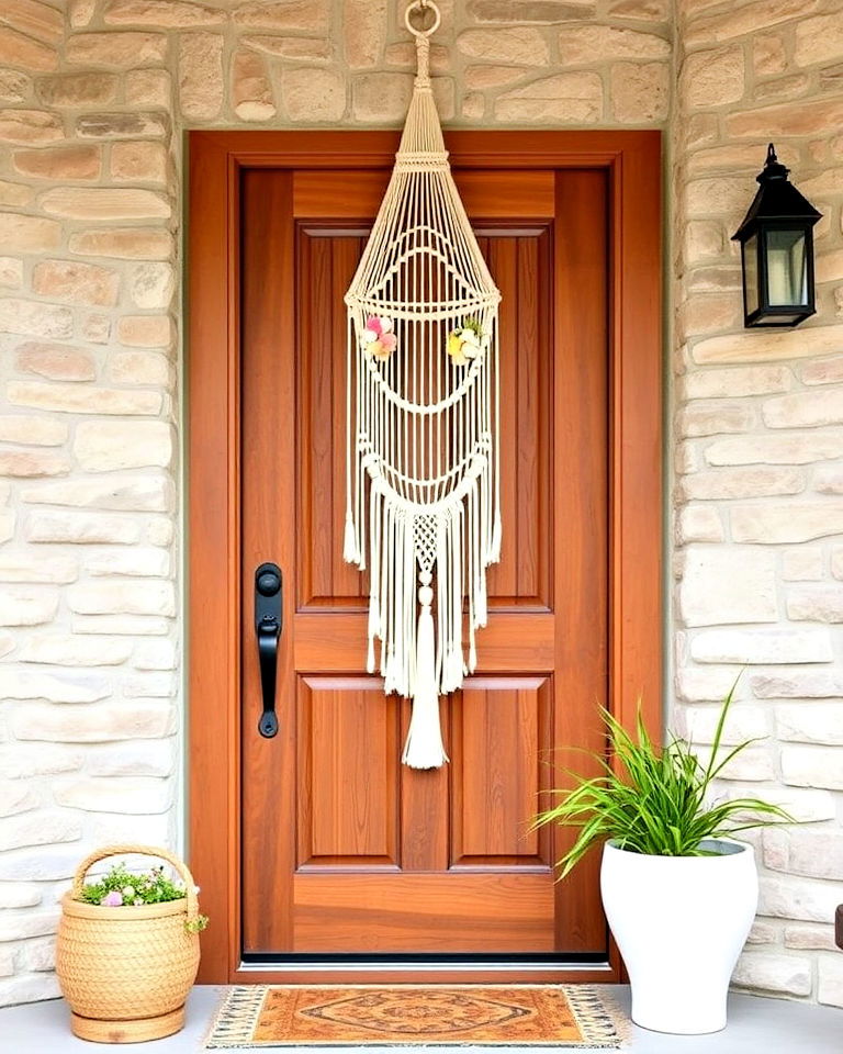 boho chic look with macrame hangings - 20 Summer Door Decoration Ideas