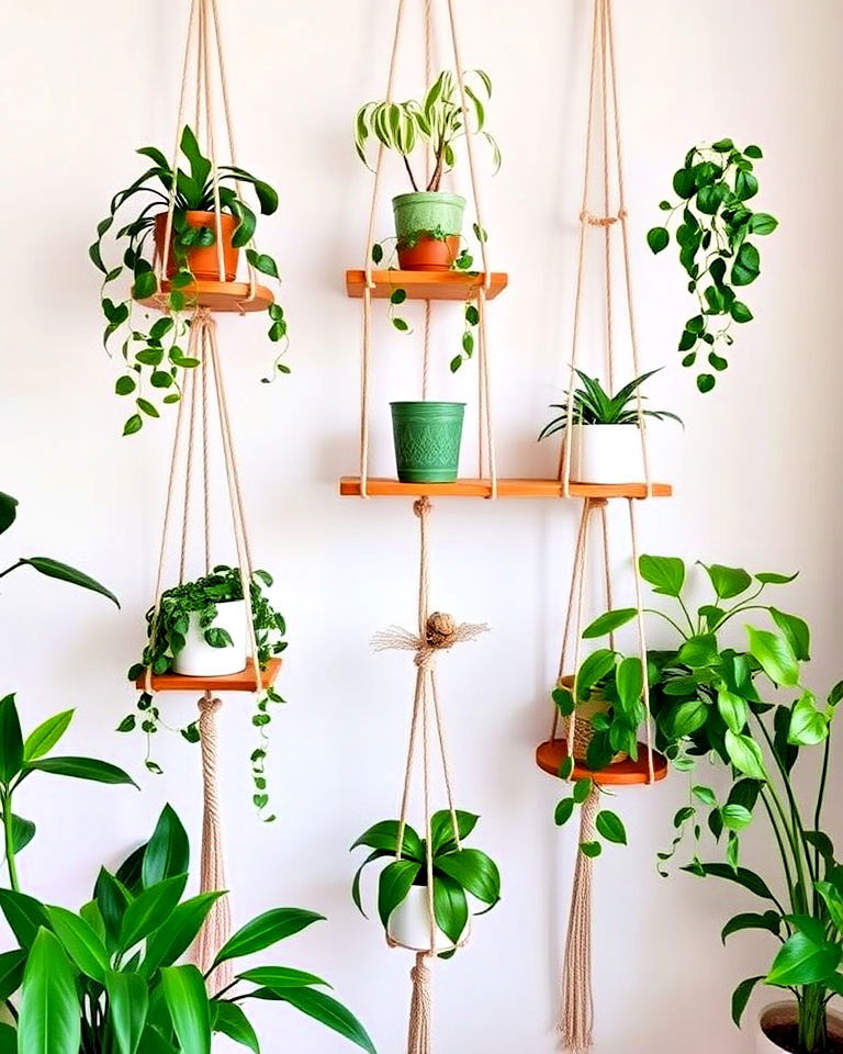 boho chic rope and shelf plant display - 40 Vertical Garden Ideas
