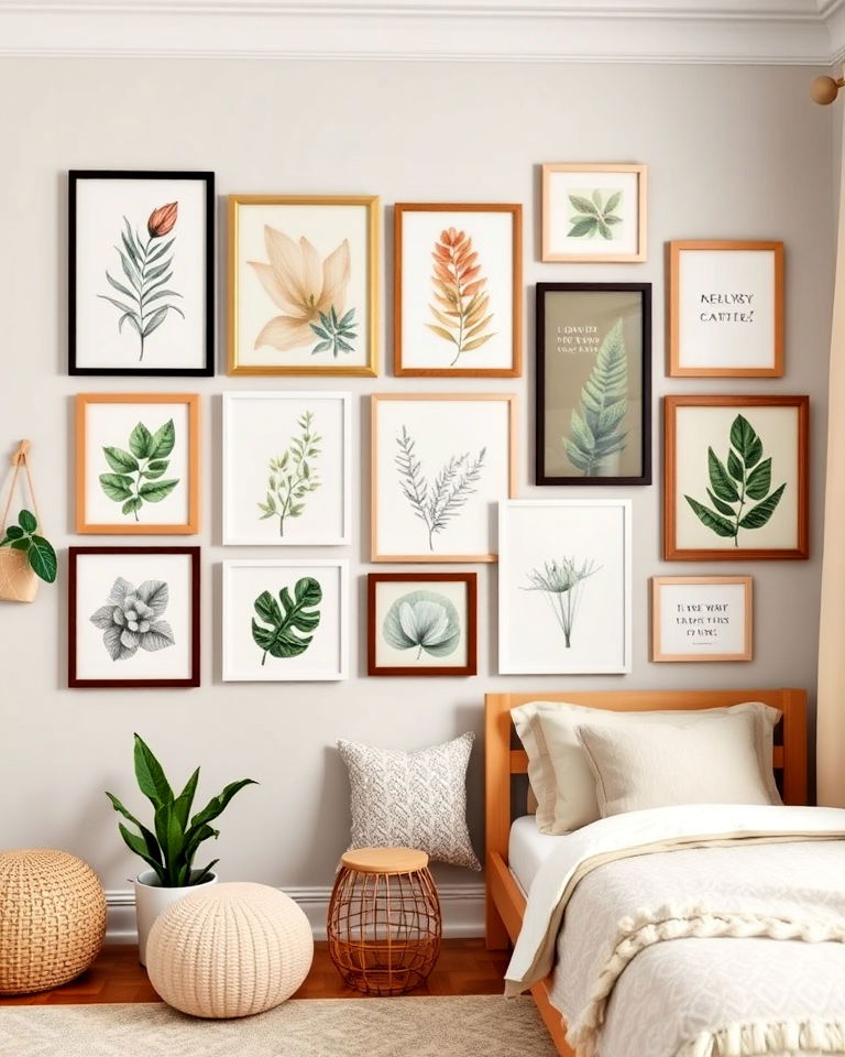 boho inspired artistic gallery wall - 20 Boho Toddler Room Ideas