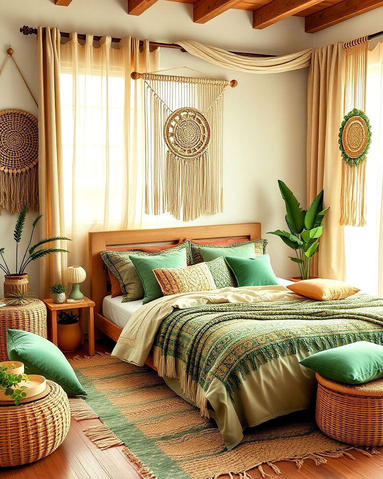 boho inspired green and beige bedroom - 30 Green and Beige Bedroom Ideas