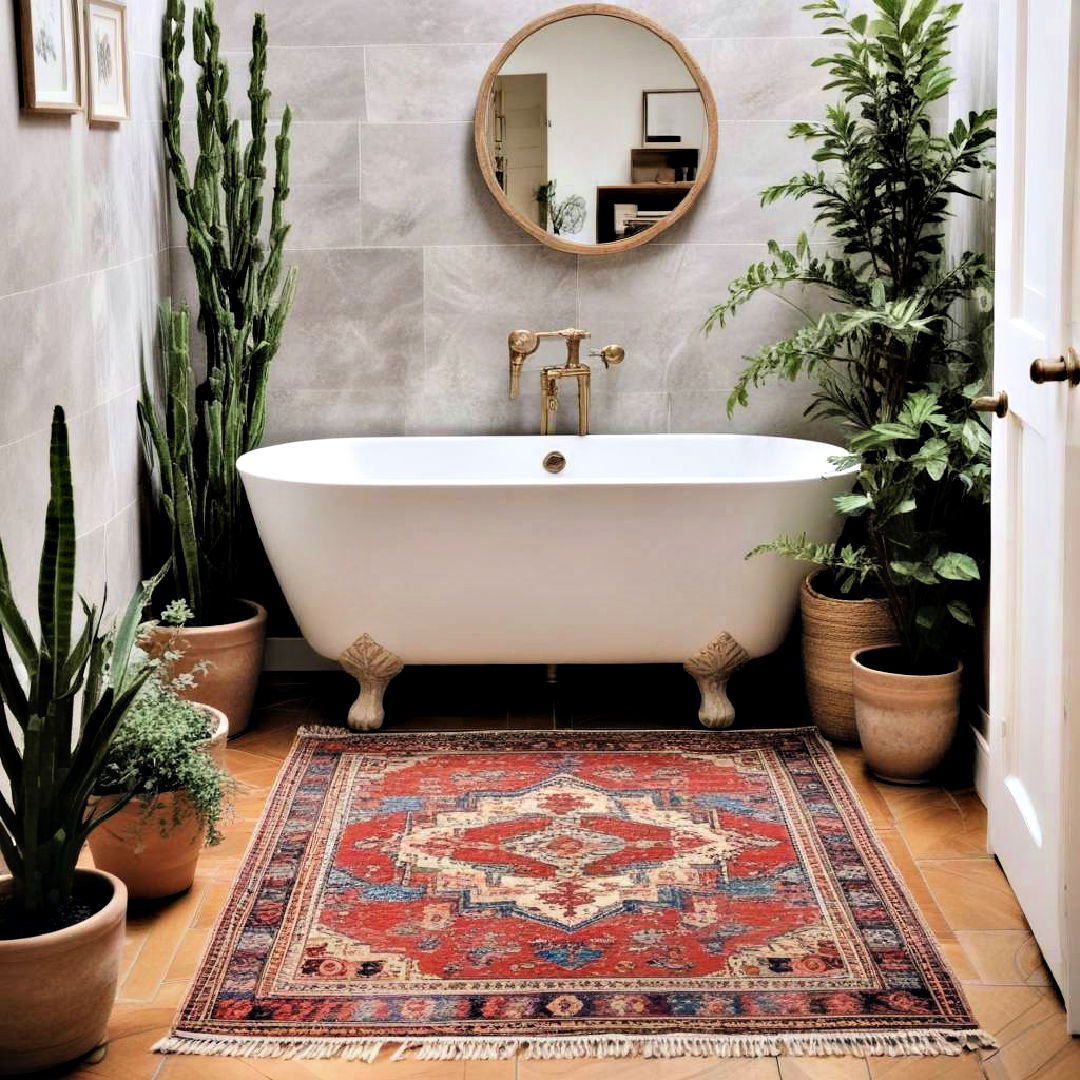 boho inspired vintage rug - 25 Boho Bathroom Ideas