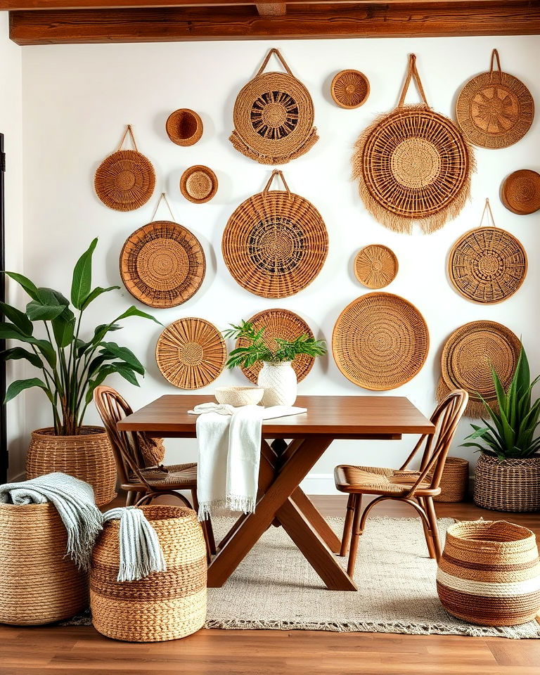boho space with woven baskets - 30 Boho Decor Ideas