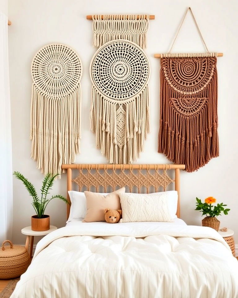boho statement wall hangings - 20 Boho Toddler Room Ideas