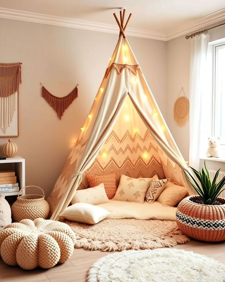 boho toddler room with indoor play tent - 20 Boho Toddler Room Ideas