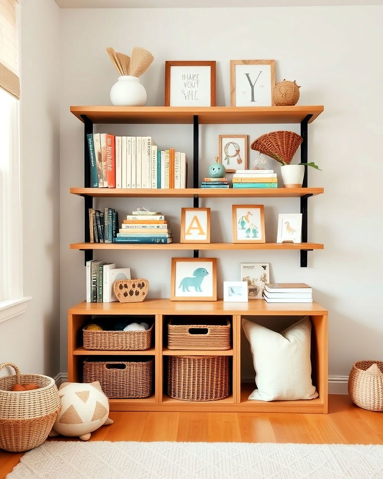 boho toddler room with open storage shelving - 20 Boho Toddler Room Ideas