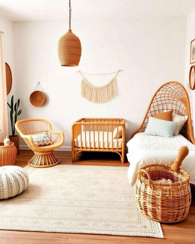 boho toddler room with rattan furniture accents - 20 Boho Toddler Room Ideas