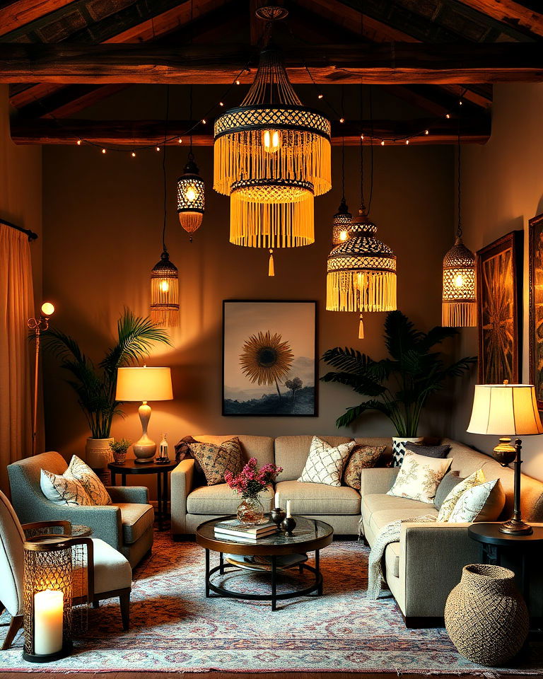 boho vibe dramatic layered lighting - 30 Bohemian Maximalist Decor Ideas