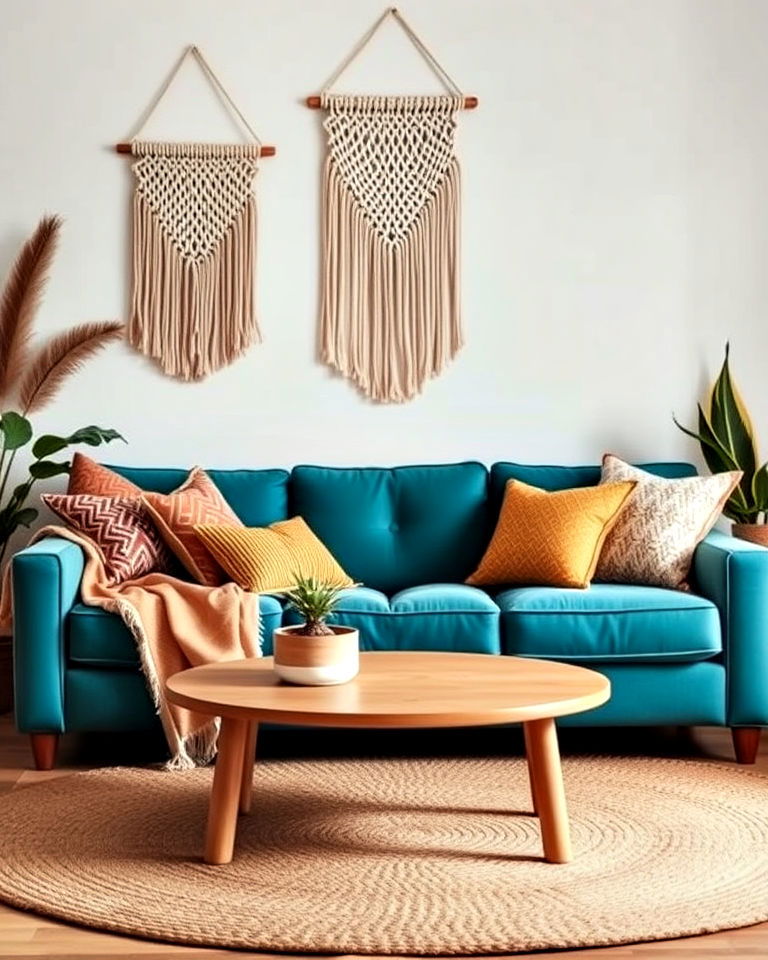 boho vibe teal couch living room - 20 Teal Couch Living Room Ideas