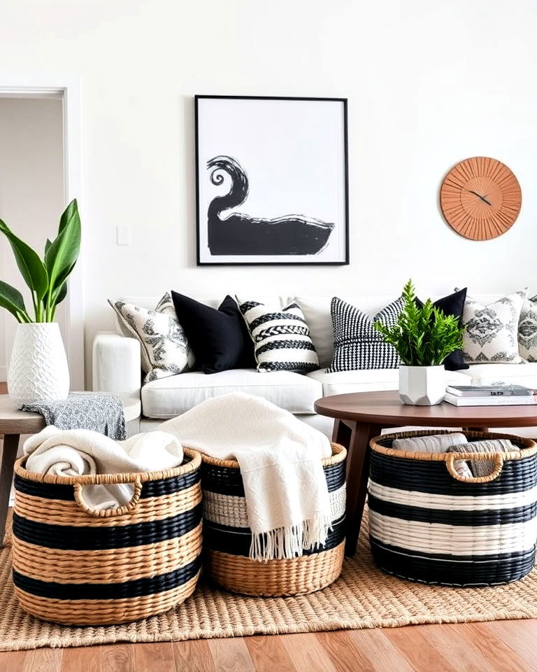 boho vibe woven baskets for storage - 20 Black and White Boho Living Room Ideas