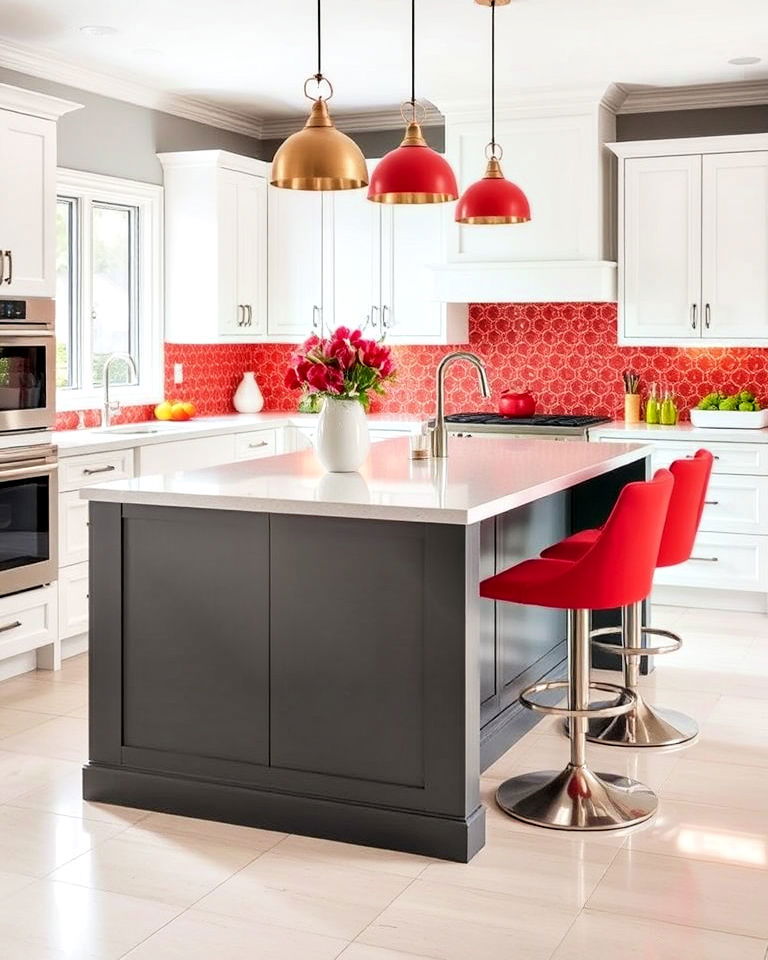 bold accent pieces for grey island and white cabinets - 15 White Kitchen Cabinets With Grey Island Ideas