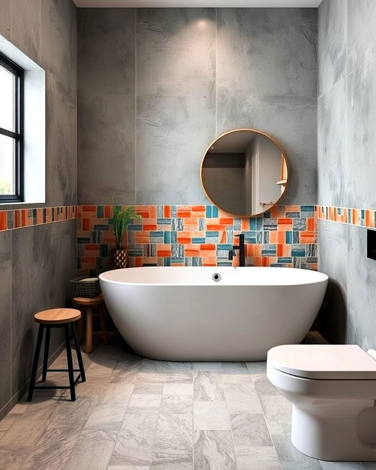 bold accent tiles for concrete bathroom - 30 Concrete Bathroom Ideas