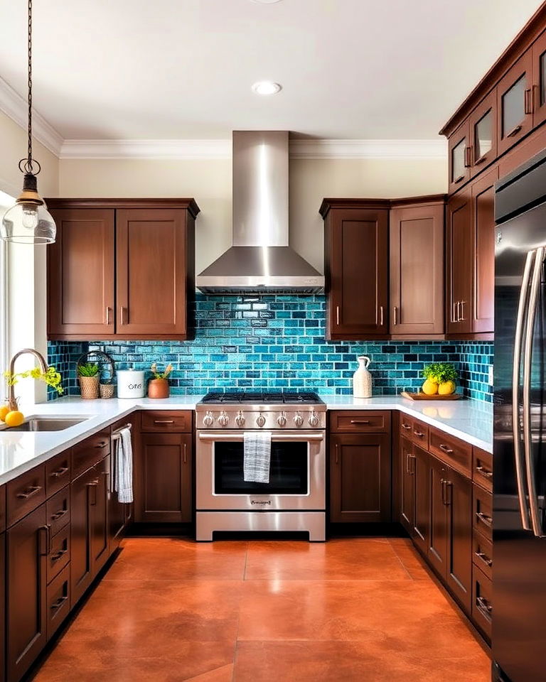 bold backsplash for brown cabinets - 25 Brown Kitchen Cabinets Ideas