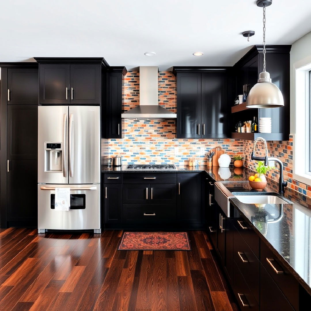 bold backsplash for kitchen with dark wood floor - 25 Kitchen With Dark Wood Floors
