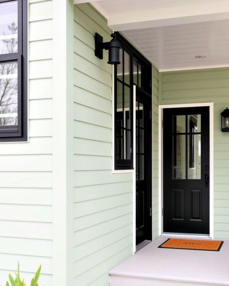 bold black accents for pale green farmhouse exterior - 25 Farmhouse Green Exterior Home Ideas