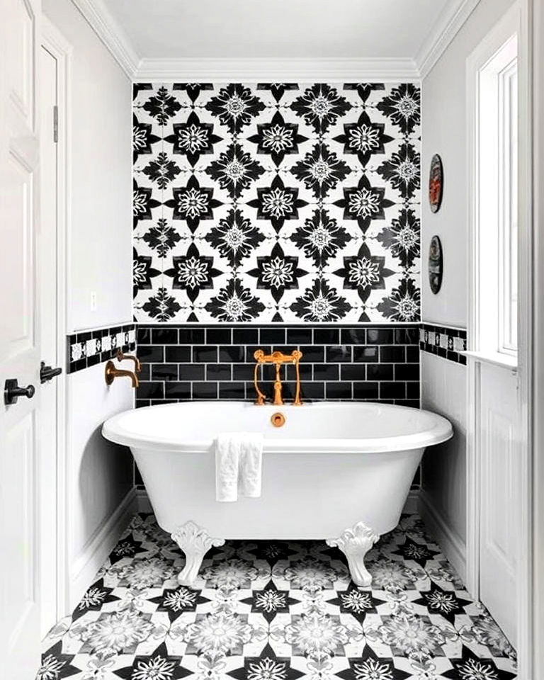 bold black and white pattern tiles - 40 Bathtub Tile Ideas