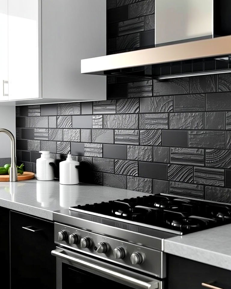 bold black backsplash with textured tiles - 25 Dark Kitchen Ideas