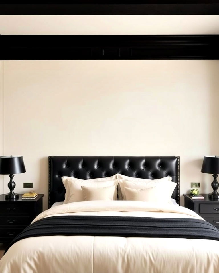bold black headboard against cream wall - 35 Cream and Black Bedroom Ideas