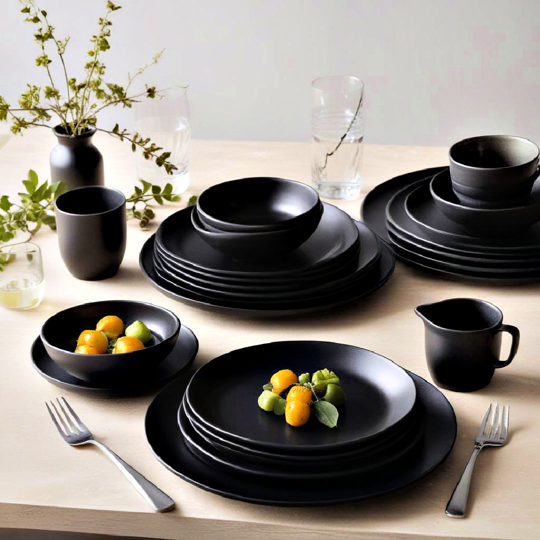 bold black tableware for dining room - 30 Black Dining Room Ideas