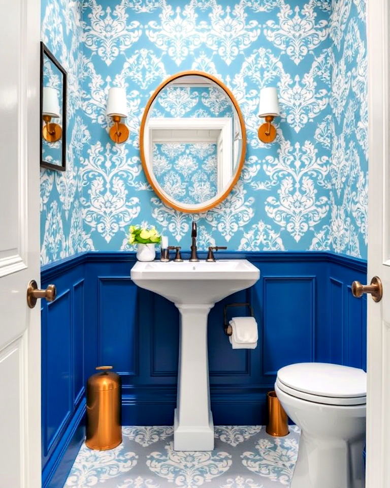 bold blue and patterned wallpaper for powder room - 20 Blue Powder Room Ideas