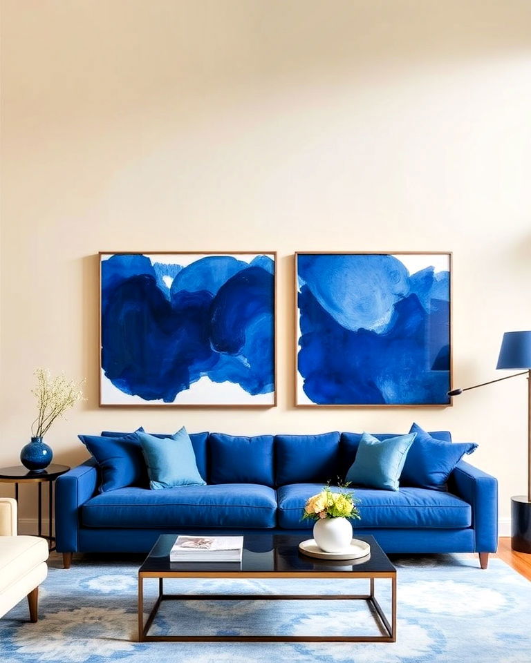 bold blue art and beige walls - 20 Blue and Beige Living Room Ideas