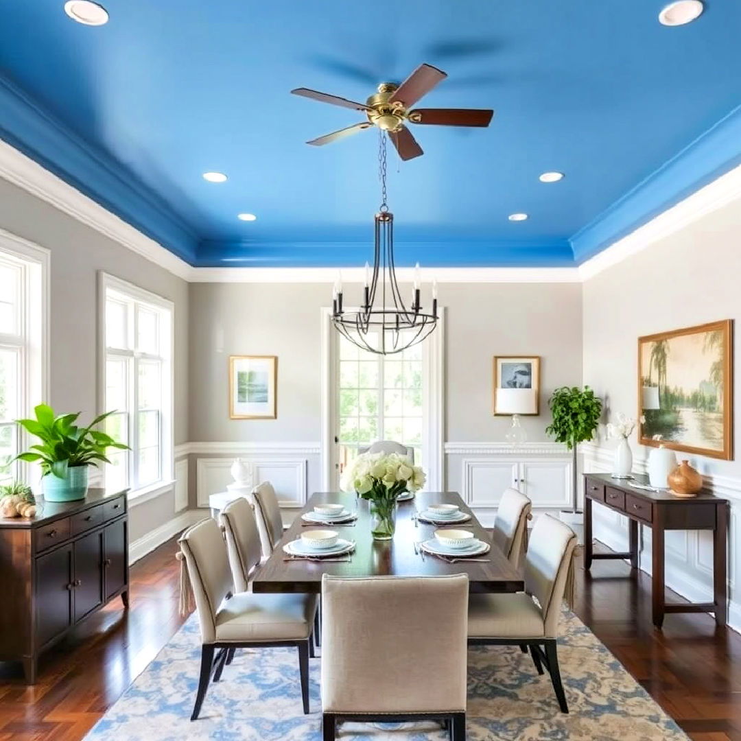 bold blue ceiling to add unique twist - 40 Blue Dining Room Ideas